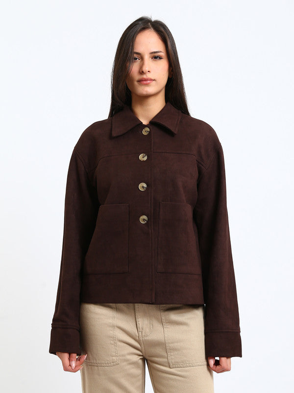 Suede Plain Button-Up Jacket – Dark Brown