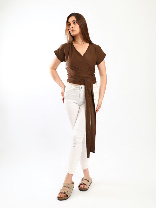 Wrap Side-Tie Linen Top – Dark Brown