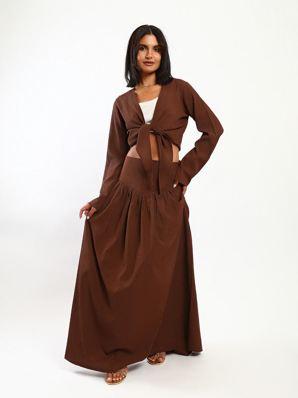 Solid Crinkled Linen Maxi Skirt – Dark Brown