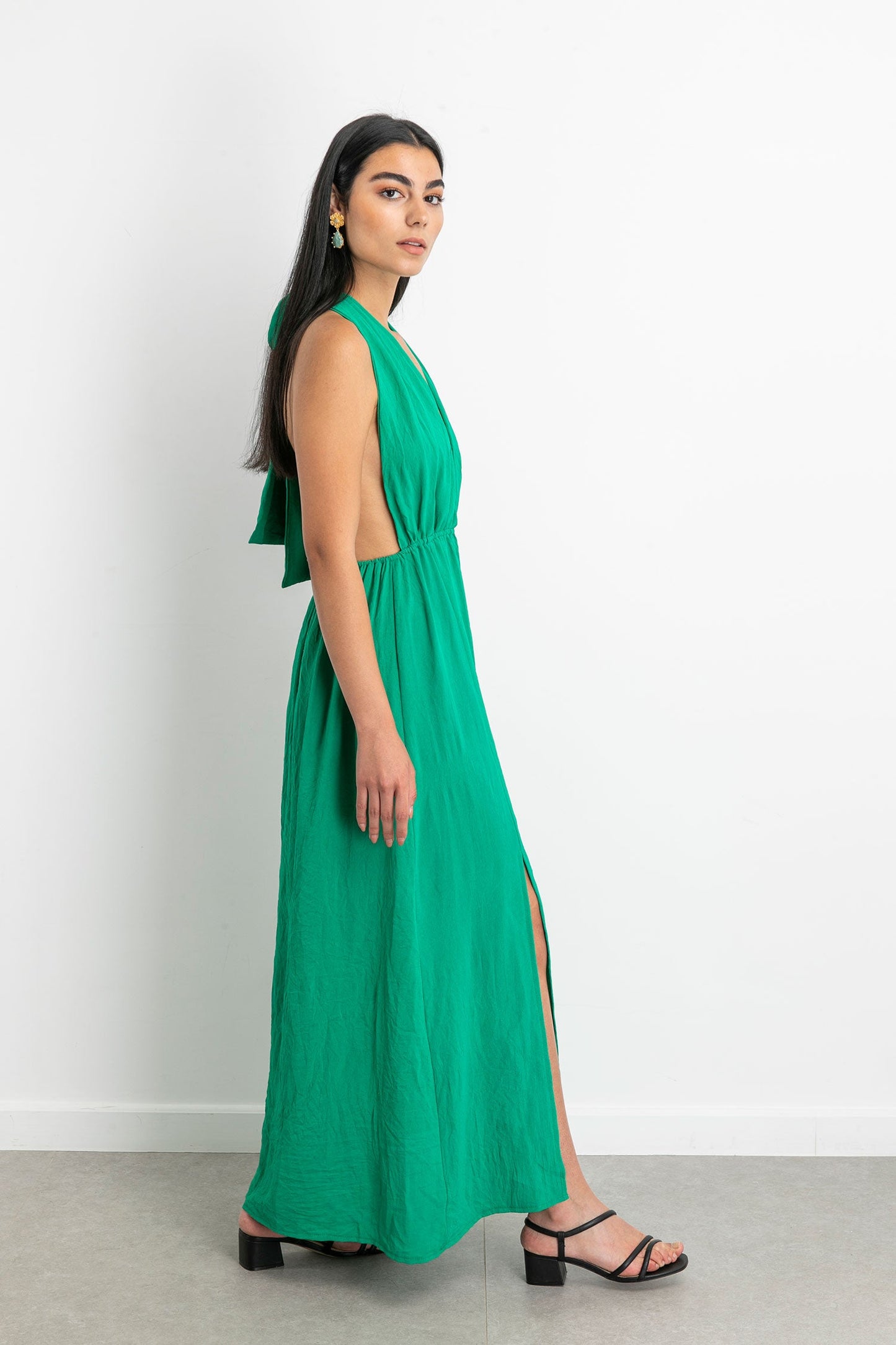 Linen Sexy Long Dress - Green