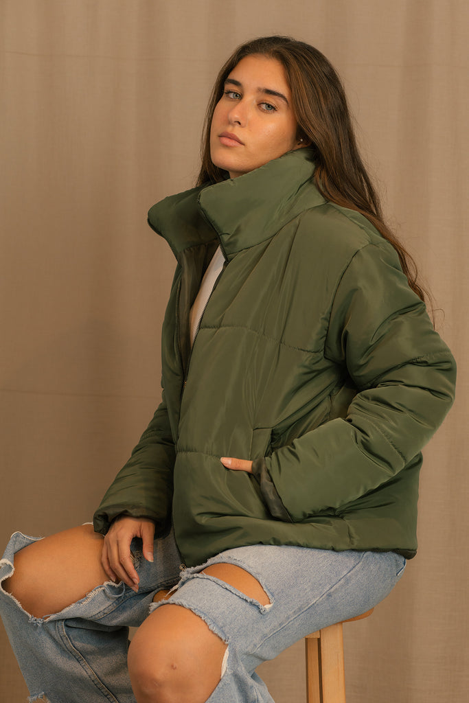 Puffed Jacket - Zipper Closure - Olive