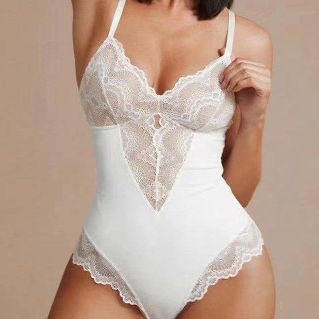 Plus Size Sexy Lace Tummy Control Bodysuit White