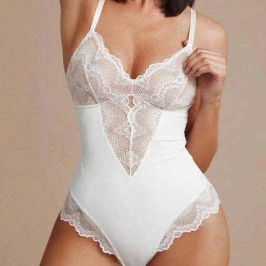 Plus Size Sexy Lace Tummy Control Bodysuit White