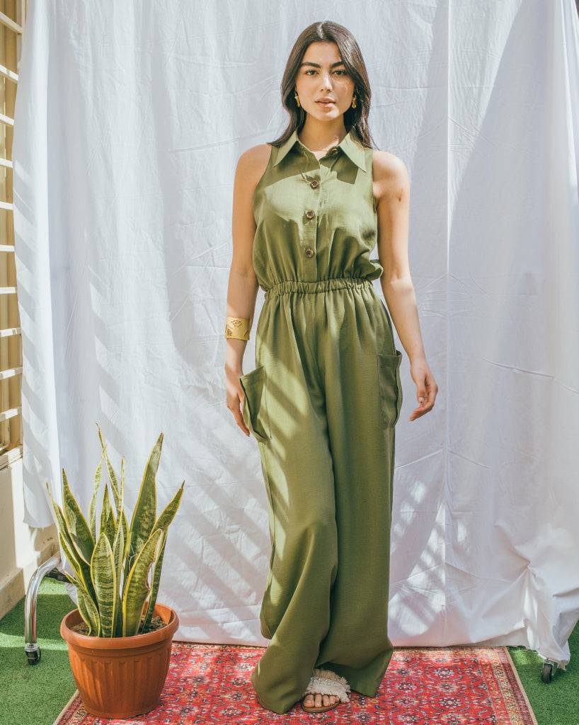 Sleeveless Elastic Waist Jumpsuit - Olive