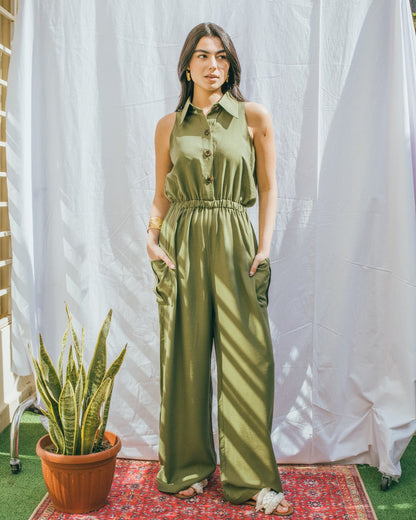 Sleeveless Elastic Waist Jumpsuit - Olive