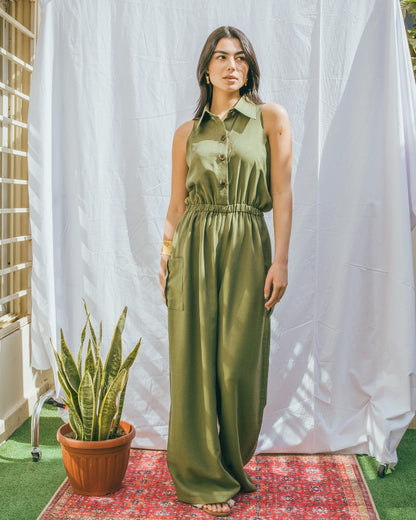 Sleeveless Elastic Waist Jumpsuit - Olive