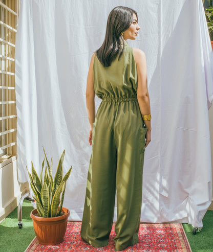 Sleeveless Elastic Waist Jumpsuit - Olive