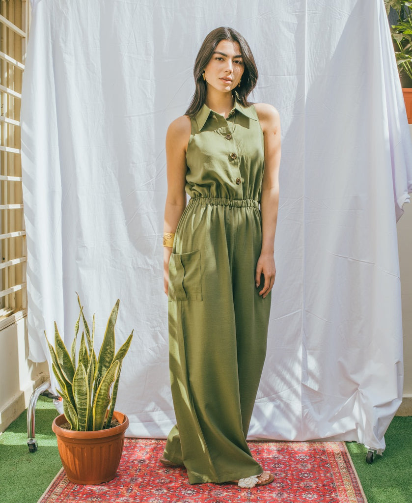 Sleeveless Elastic Waist Jumpsuit - Olive