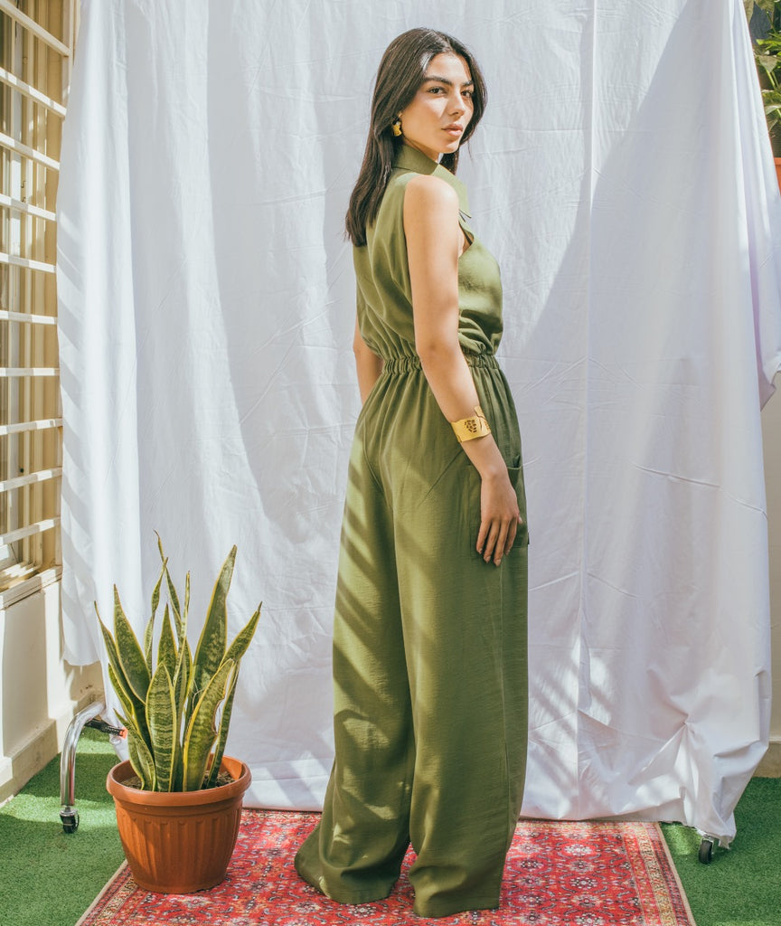 Sleeveless Elastic Waist Jumpsuit - Olive