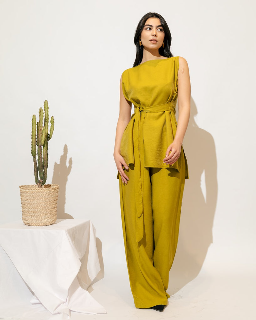 Linen The Earthy Belted Set - Lime