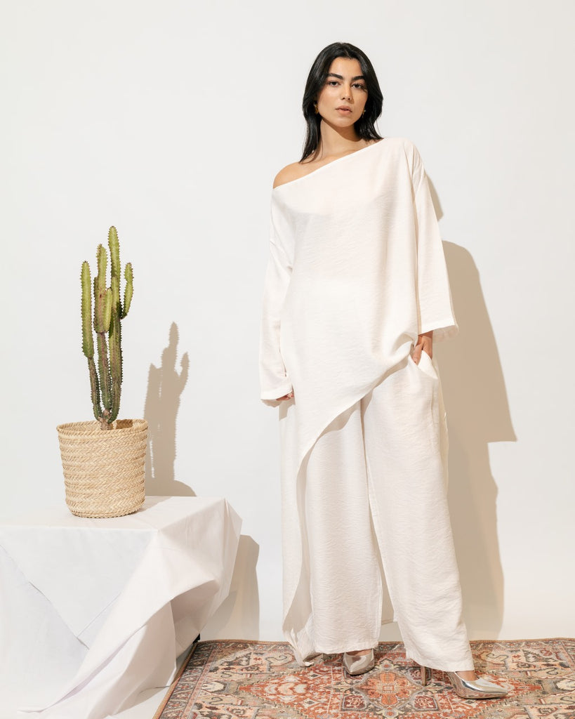 Cold-Shoulder Linen Set - White