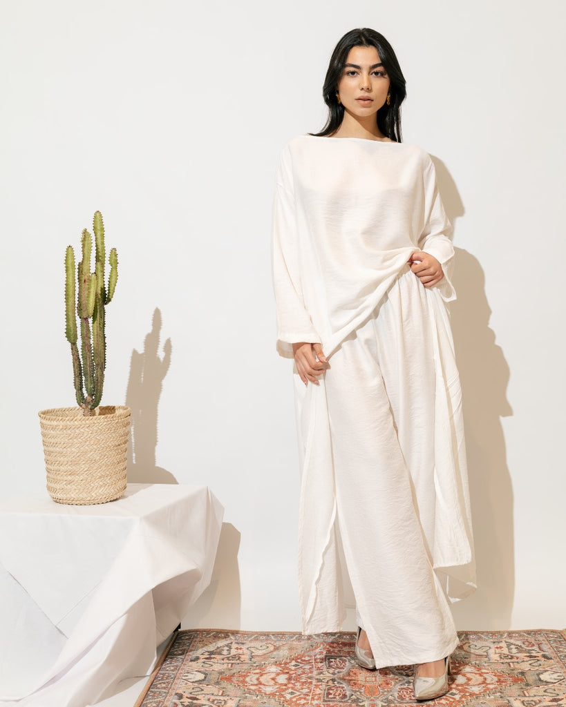 Cold-Shoulder Linen Set - White