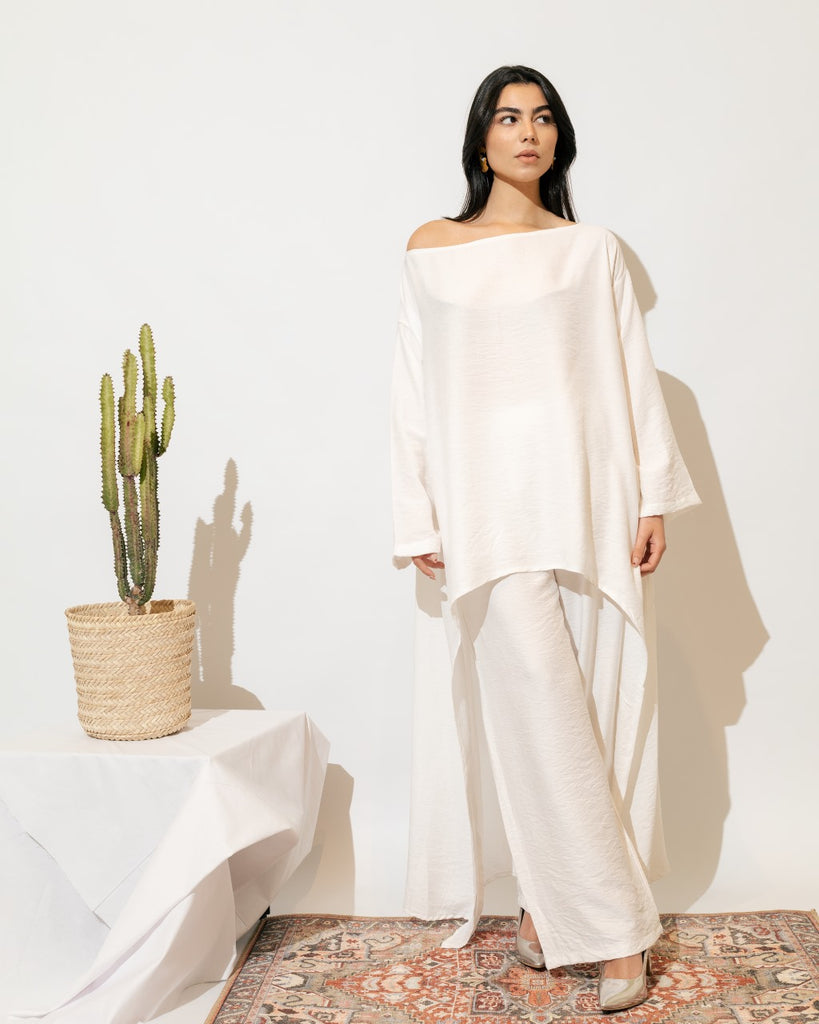 Cold-Shoulder Linen Set - White