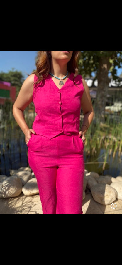 Linen Sleeveless Suit - Pink