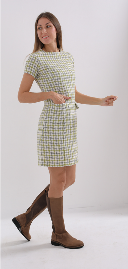 Synthetic Tweed Mini Dress  – Green & White