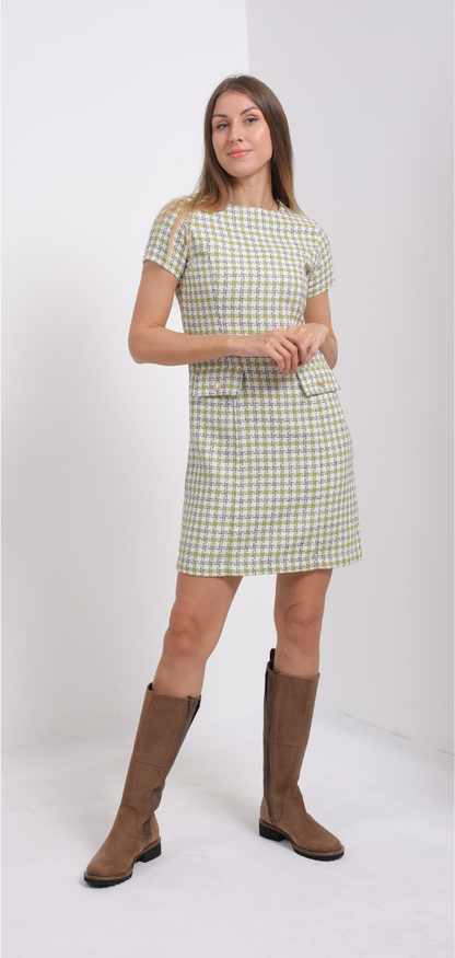 Synthetic Tweed Mini Dress  – Green & White