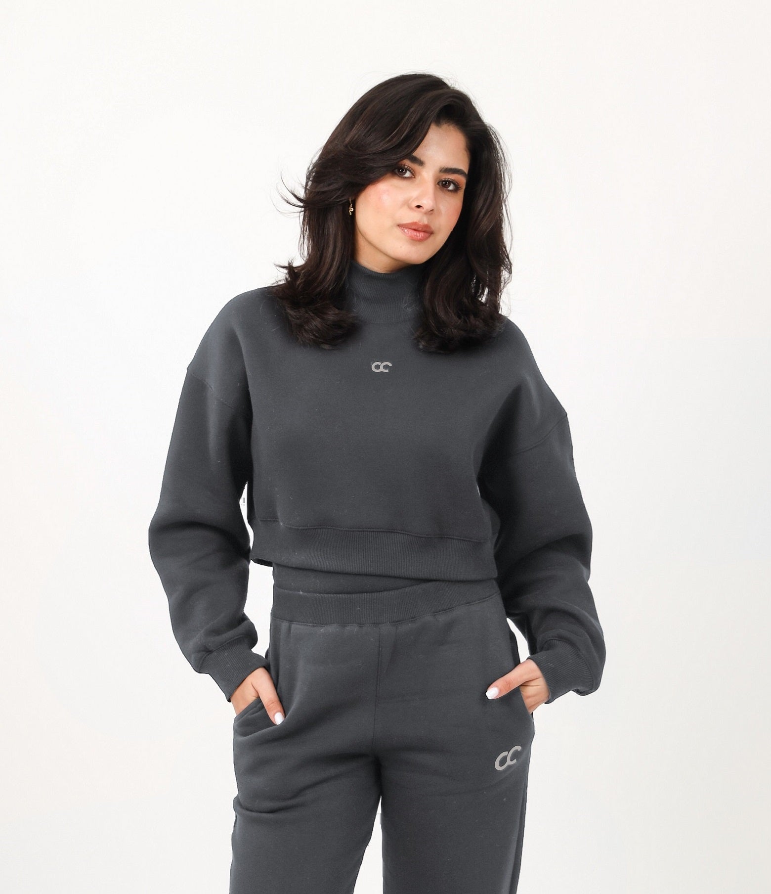 Milton High Collar Cropped Sweatshirt - Dark Grey