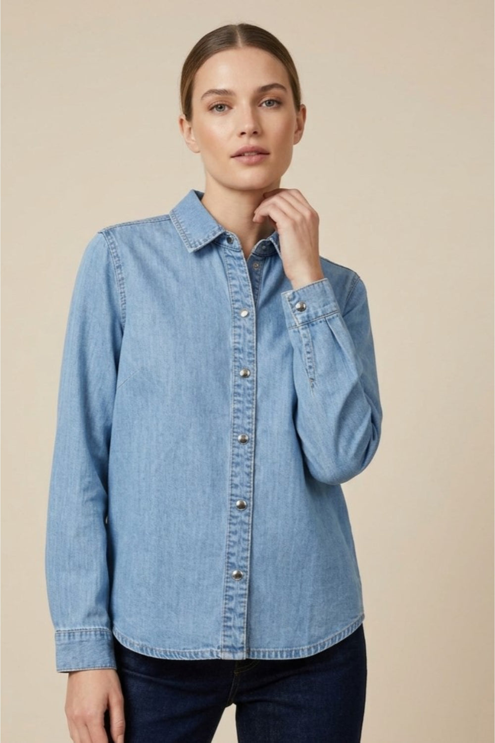 Plain Snap-Button Denim Shirt – Light Blue