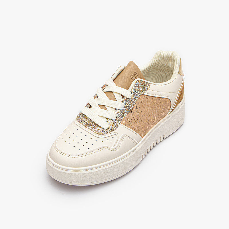 Leather Sneakers with Glitter Upper Trim