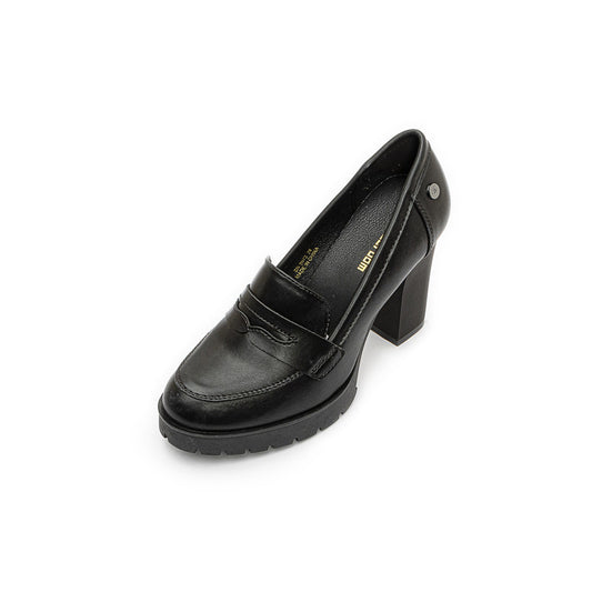 Faux Leather Plain Block Heel Loafers - Black