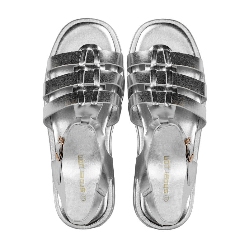 PU Leather Metallic Fisherman Sandals - Silver