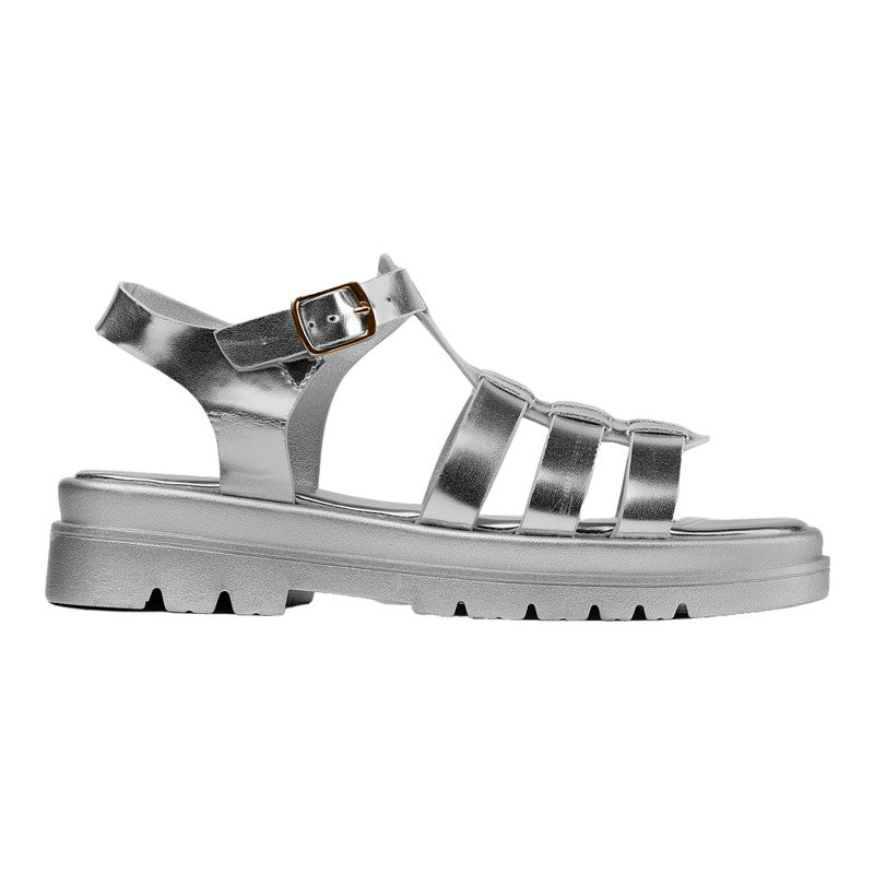 PU Leather Metallic Fisherman Sandals - Silver
