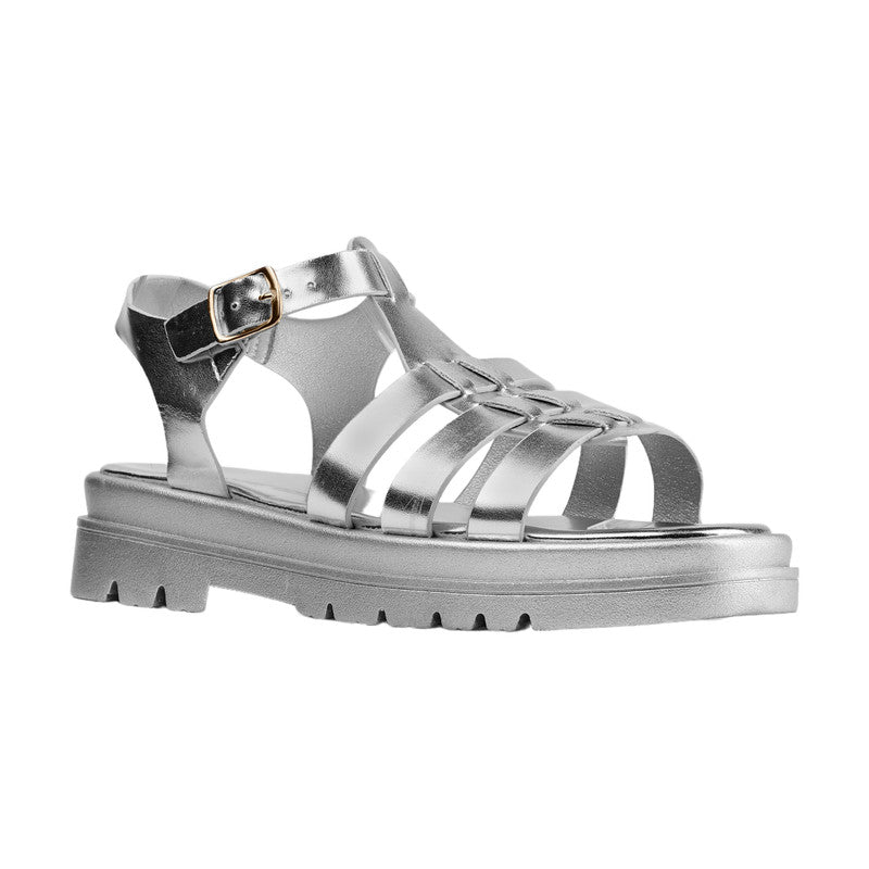 PU Leather Metallic Fisherman Sandals - Silver