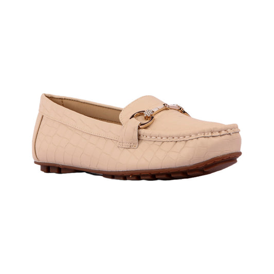 PU Leather Croc-Embossed Loafers - Beige