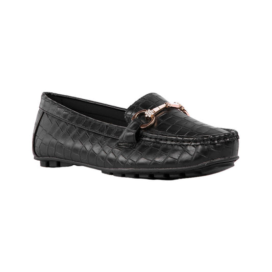 PU Leather Croc-Embossed Loafers - Black
