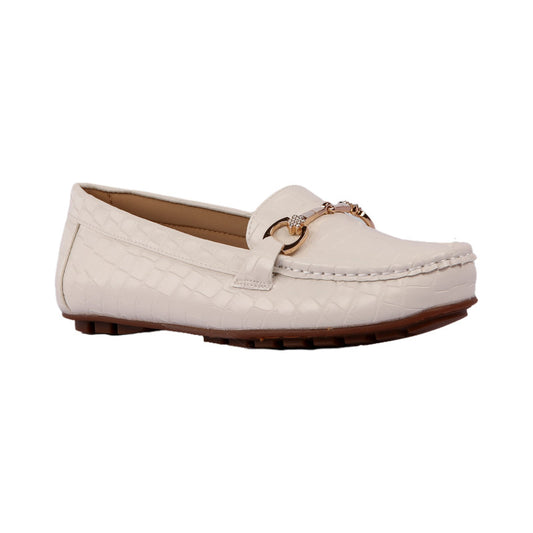 PU Leather Croc-Embossed Loafers - White