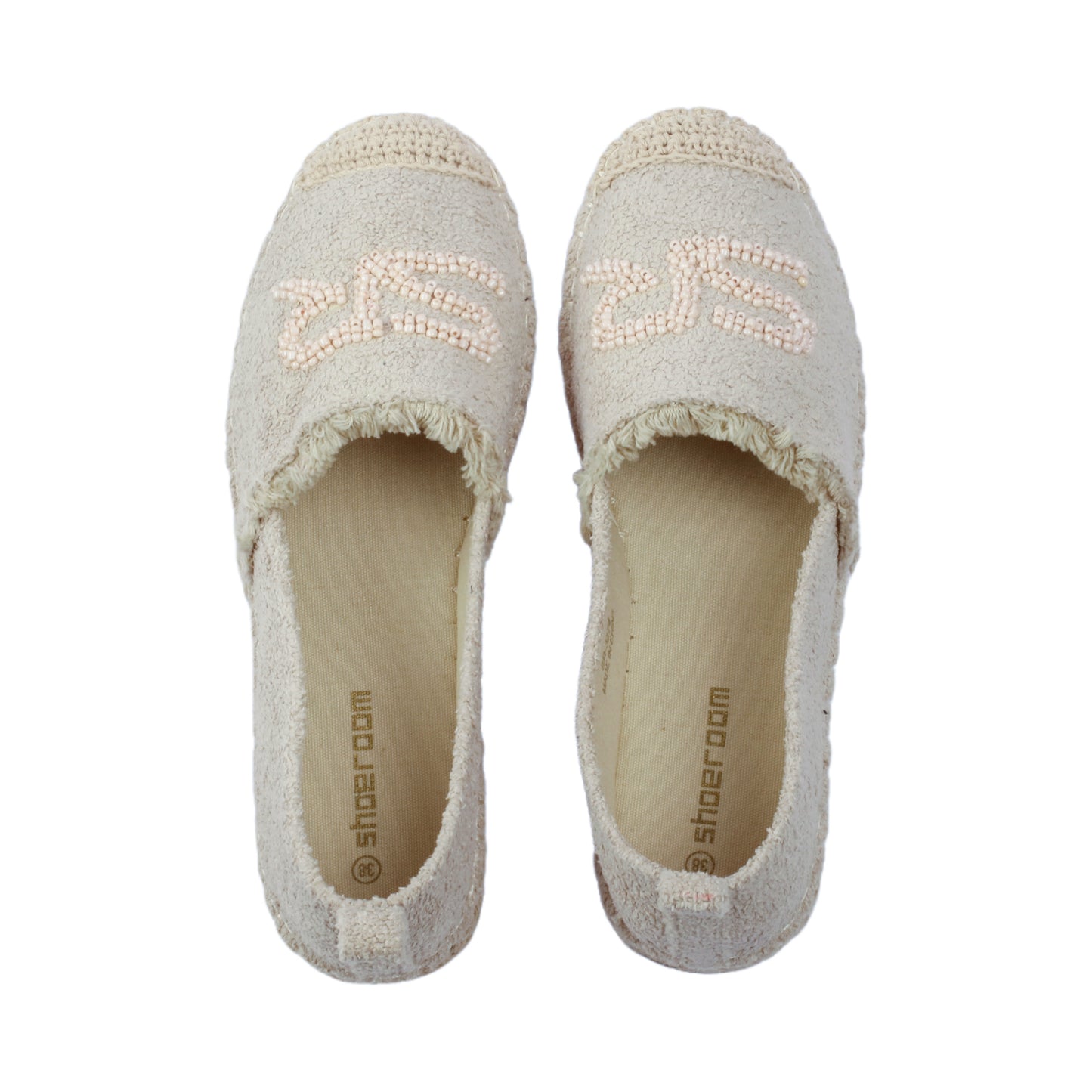 Woven Fabric Beaded Espadrille Flats – Beige