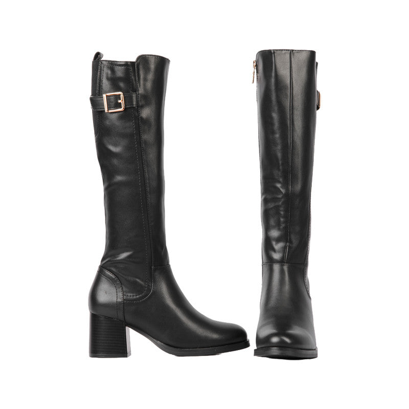 Pu Leather Solid Knee Boots – Black (SR-3331)
