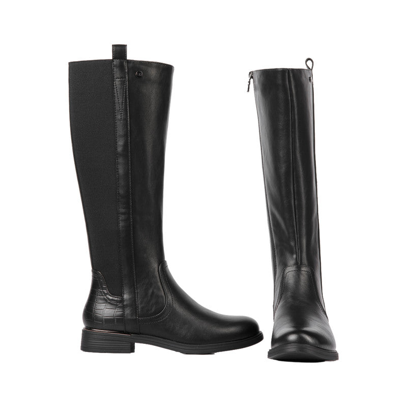 Pu Leather Croc-Accent Knee Boots – Black (SR-3337)