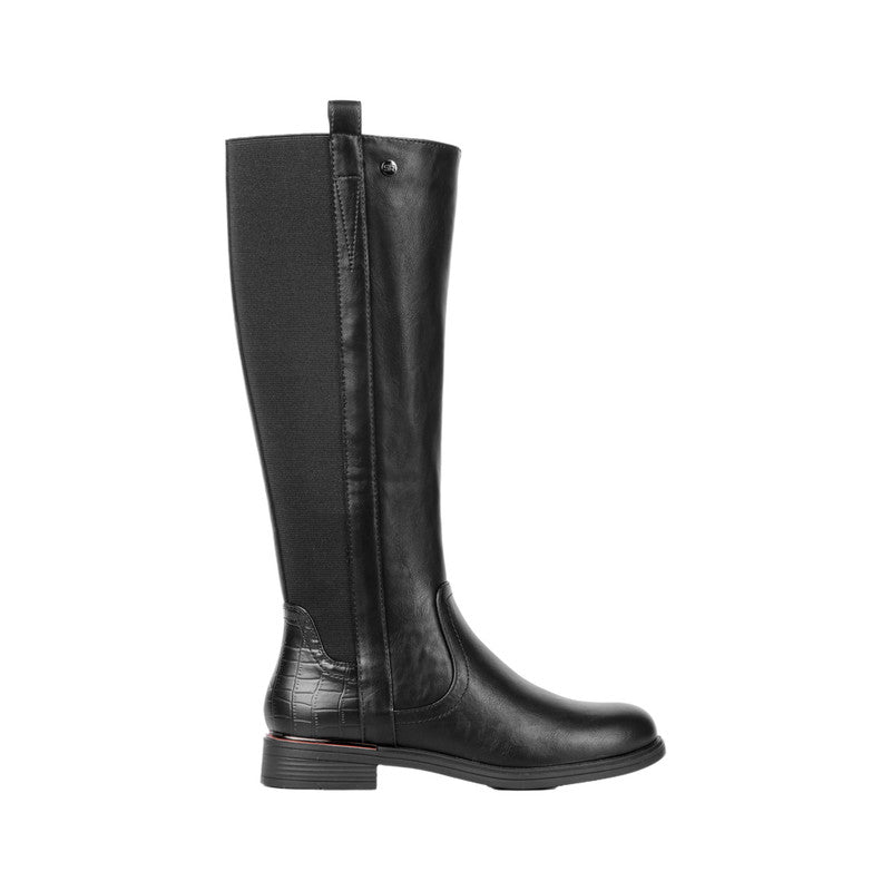 Pu Leather Croc-Accent Knee Boots – Black (SR-3337)