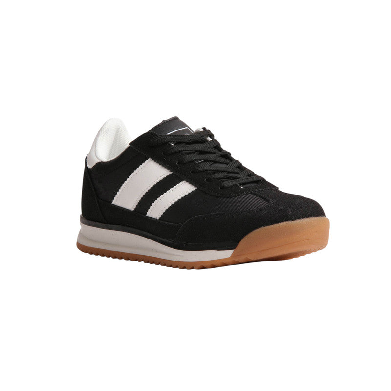Suede & Mesh Contrast Stripe Sneakers – Black
