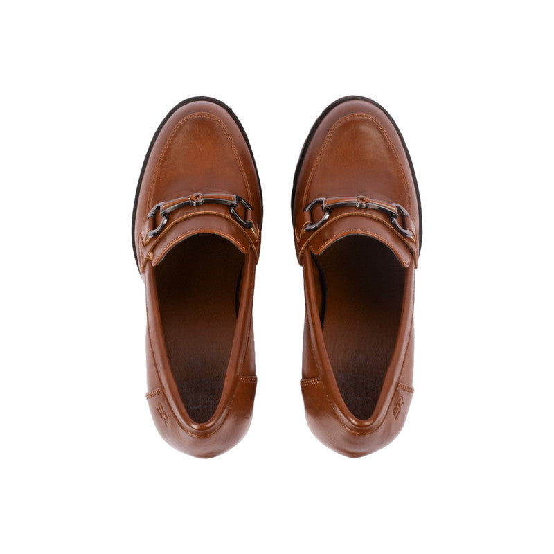 Pu Leather Solid Block Heel Loafers – Brown (SR-3410)