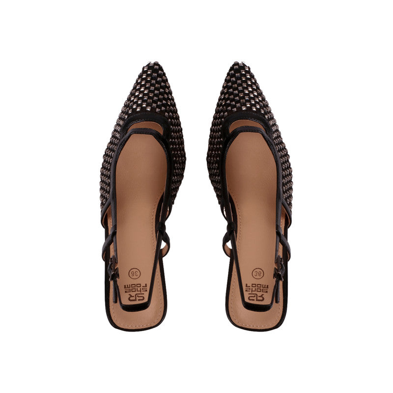 Mesh Studded Slingback Heels – Black