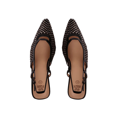 Mesh Studded Slingback Heels – Black