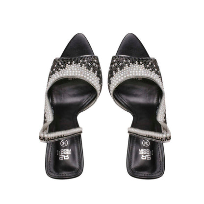 Mesh Pearl & Rhinestone Embellished Slingback Heels – Black