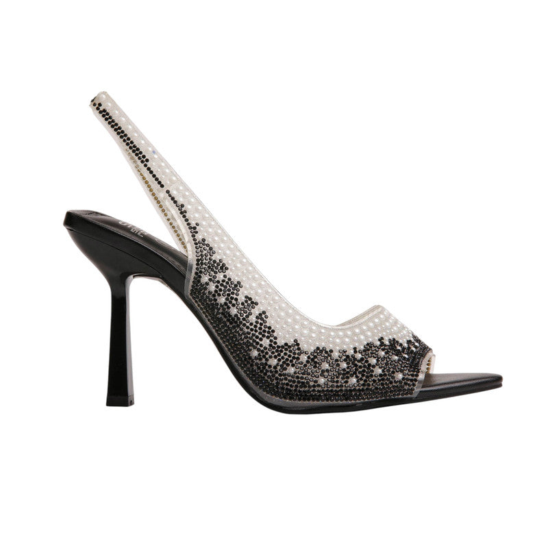 Mesh Pearl & Rhinestone Embellished Slingback Heels – Black
