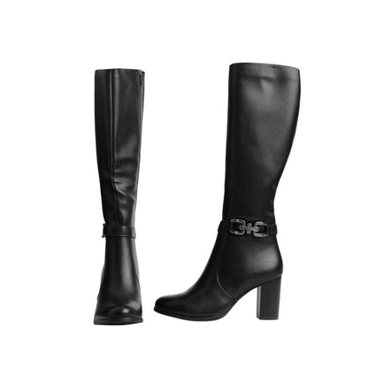 Pu Leather Solid Knee-High Boots – Black (SR-3464)
