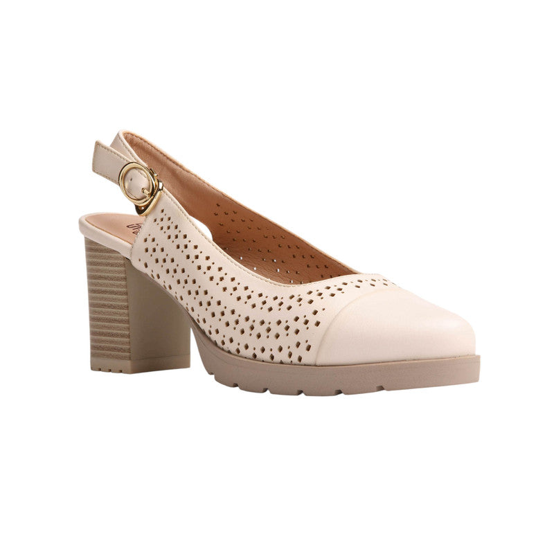 Faux Leather Cutout Slingback Block Heels - Beige