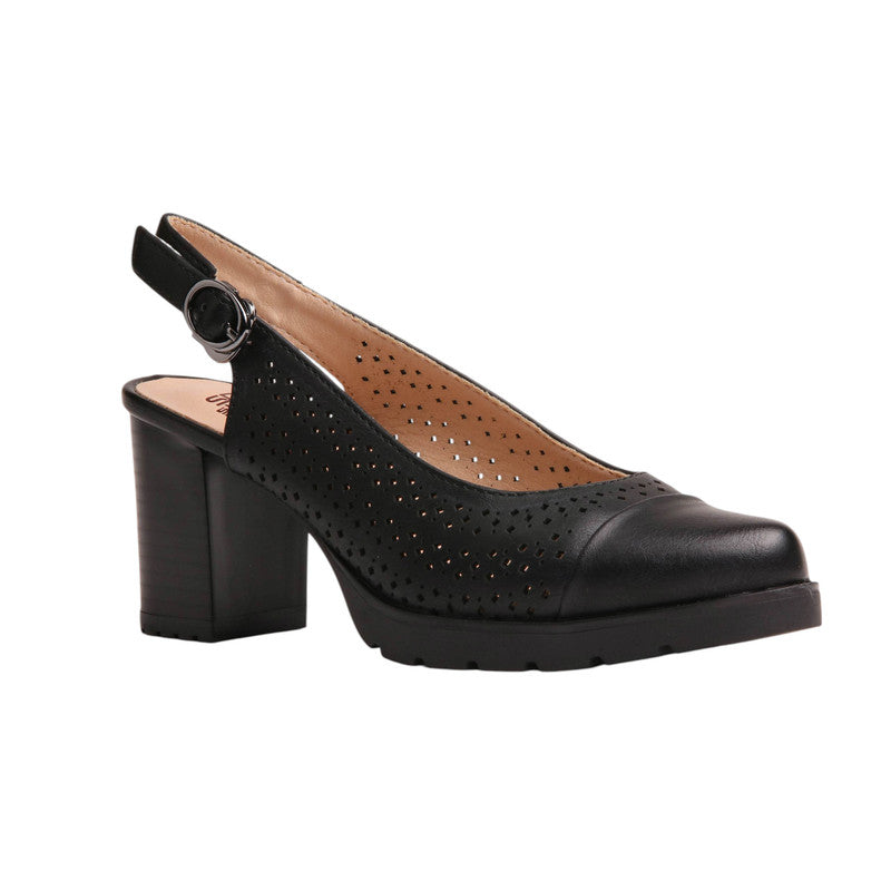 Faux Leather Cutout Slingback Block Heels - Black
