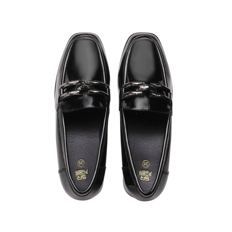 PU Leather Patent Chain Loafers - Black