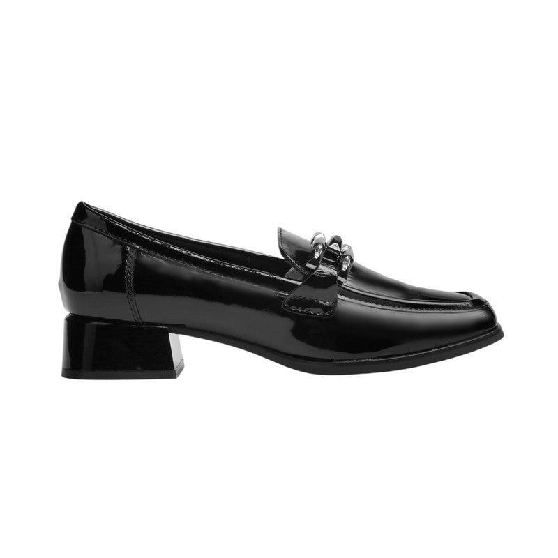 PU Leather Patent Chain Loafers - Black