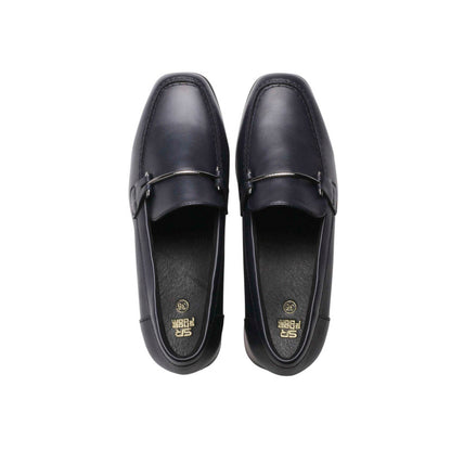 PU Leather Buckle Block Heel Loafers - Navy