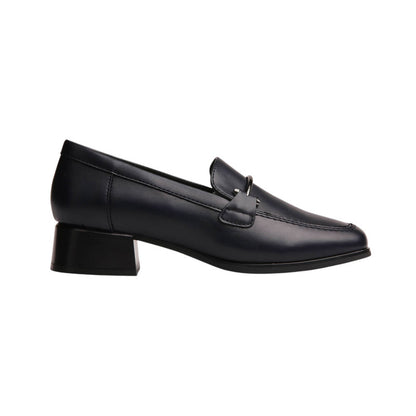 PU Leather Buckle Block Heel Loafers - Navy
