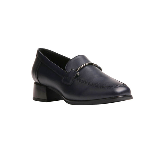 PU Leather Buckle Block Heel Loafers - Navy