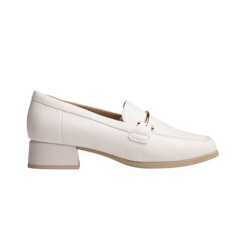 PU Leather Buckle Block Heel Loafers - White