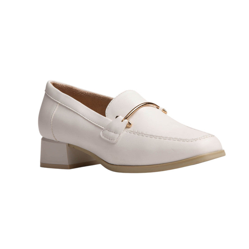 PU Leather Buckle Block Heel Loafers - White